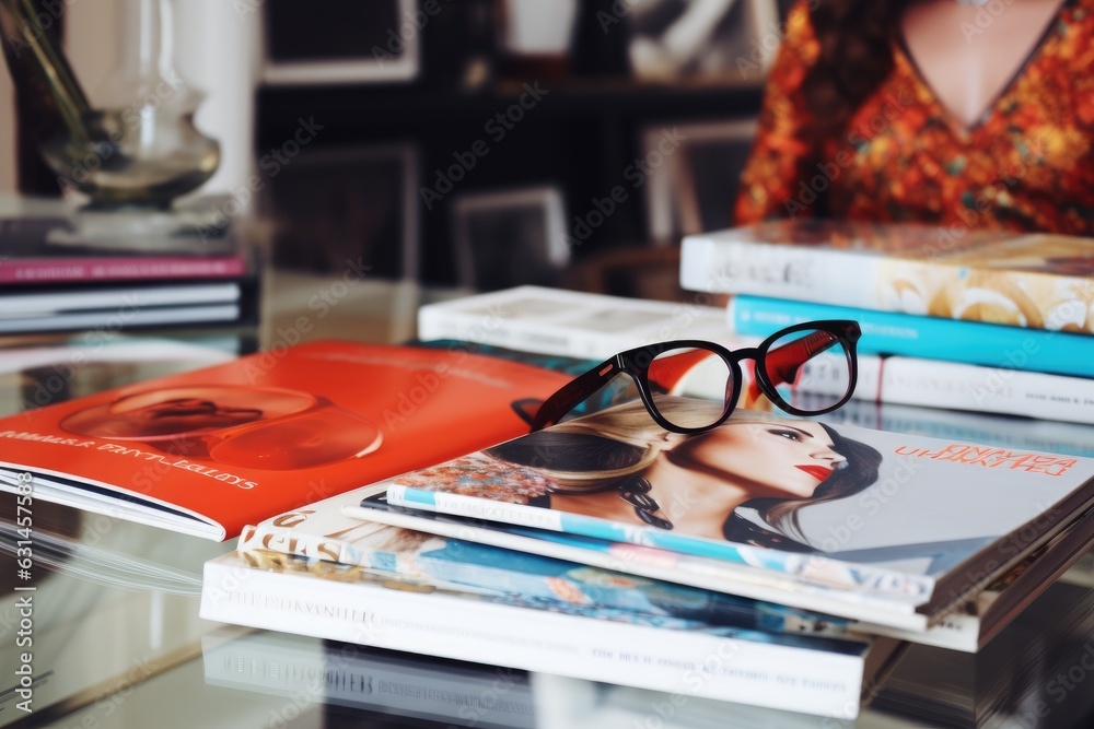 Magazines on table with eyeglasses.