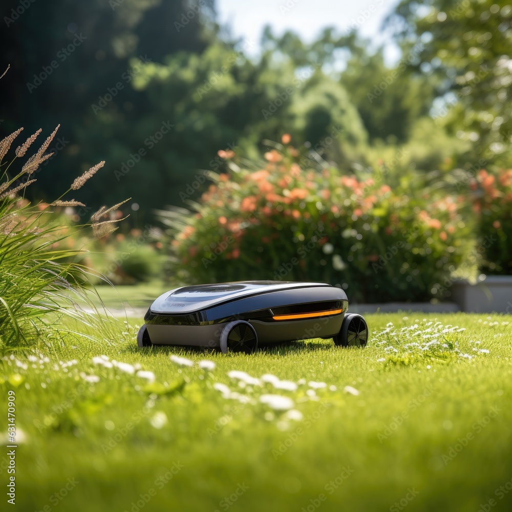 Sunny scene featuring a robotic lawn mower in action.