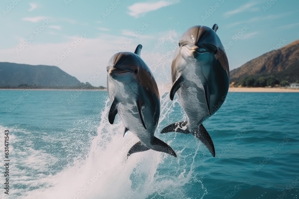 Dolphin jump in the blue sea in a picturesque place