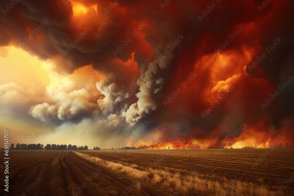 Raging wildfire in agricultural landscape, with a horizon lit by flames against smoke filled red apo