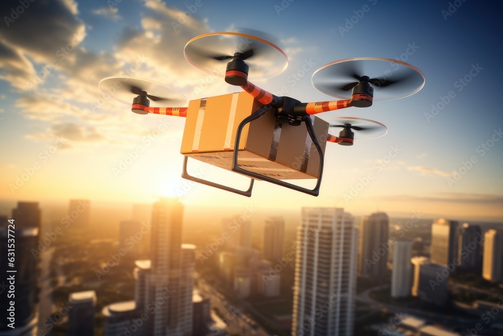 A drone carrying a package ready for delivery.