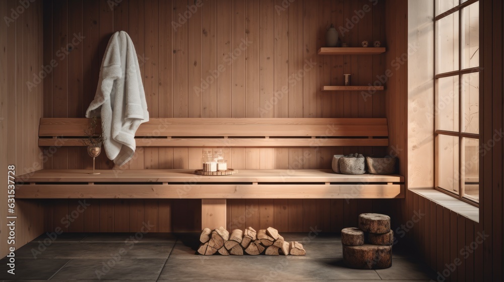 Front view of empty Finnish sauna room. Modern interior of wooden spa cabin with dry steam.