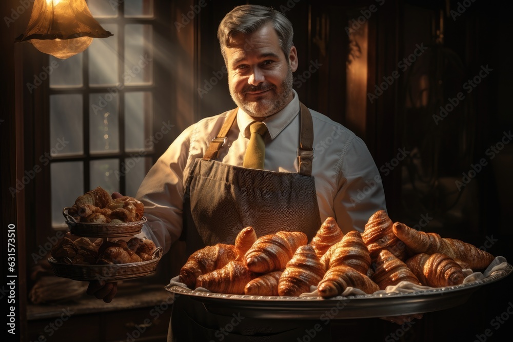 Baker holding a tray full of fresh croissants.