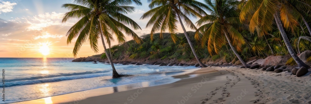 Beautiful beach with white sand, turquoise ocean, blue sky with clouds and palm tree over the water 