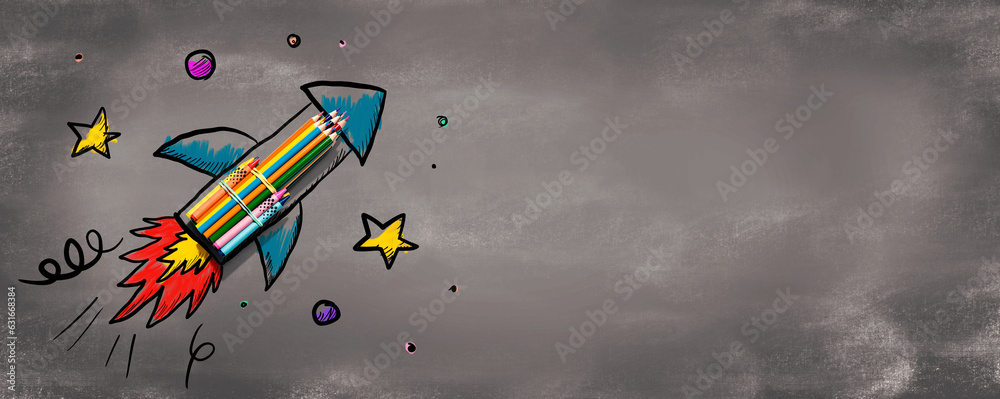 Back to school theme with hand drawn rocket and colored pencils