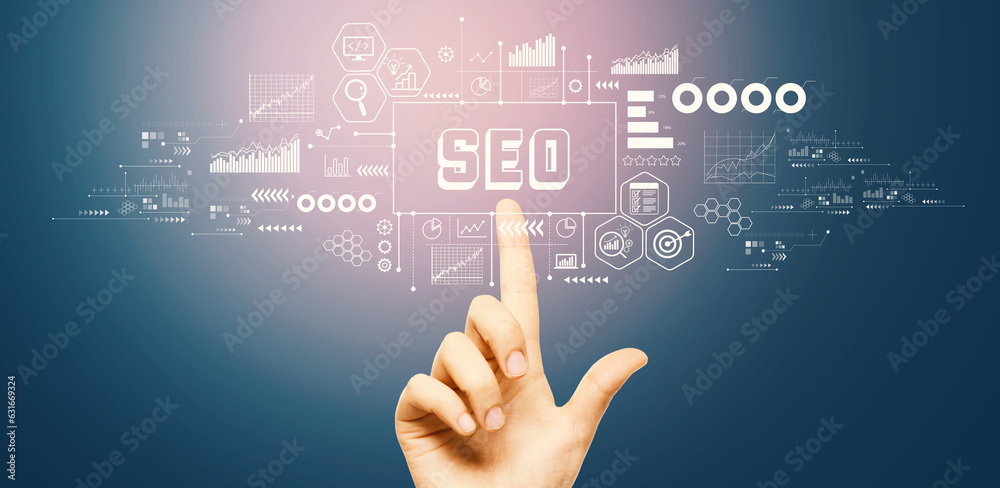 SEO - Search Engine Optimization theme with hand pressing a button on a technology screen