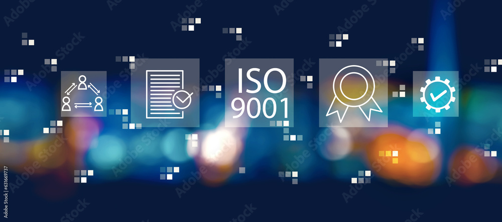 ISO 9001 concept with blurred city lights at night