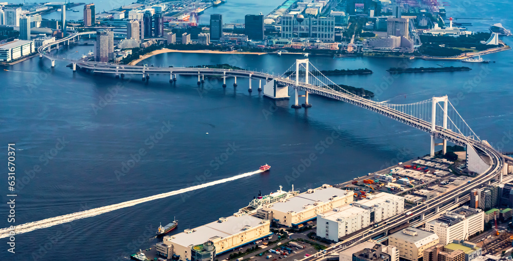 Aerial view of the Rainbow Bridge in Odaiba, Tokyo, Japan