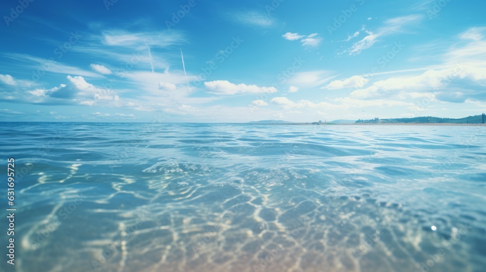 Panorama of calm ocean and blue sky with clouds reflected in the water. Beautiful landscape with clo