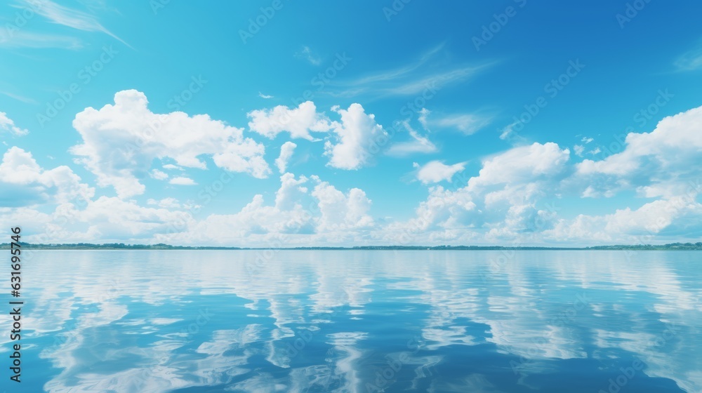 Panorama of calm ocean and blue sky with clouds reflected in the water. Beautiful landscape with clo