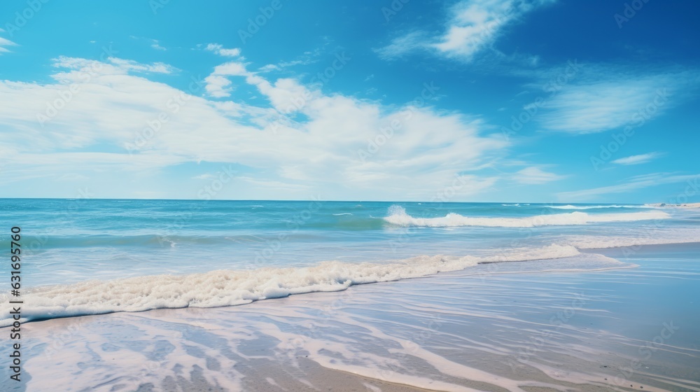 Panorama of calm ocean and blue sky with clouds reflected in the water. Beautiful landscape with clo