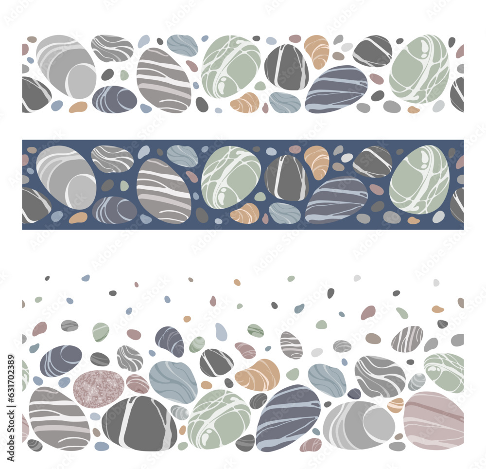 Set of seamless borders with beach pebbles or sea stones in various shapes. Line borders with stripe