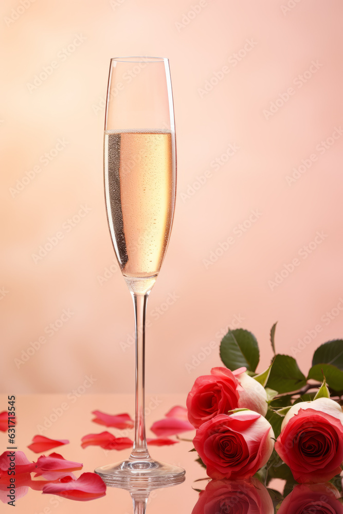 Champagne glasses and red roses, Valentines day concept