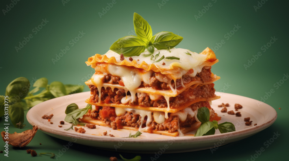 Close-up of a traditional lasagna made with minced beef bolognese sauce topped with basil leafs serv