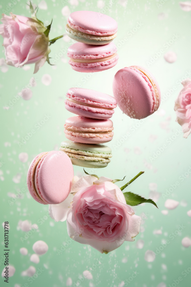 levitating flying macaroons with pink roses composition