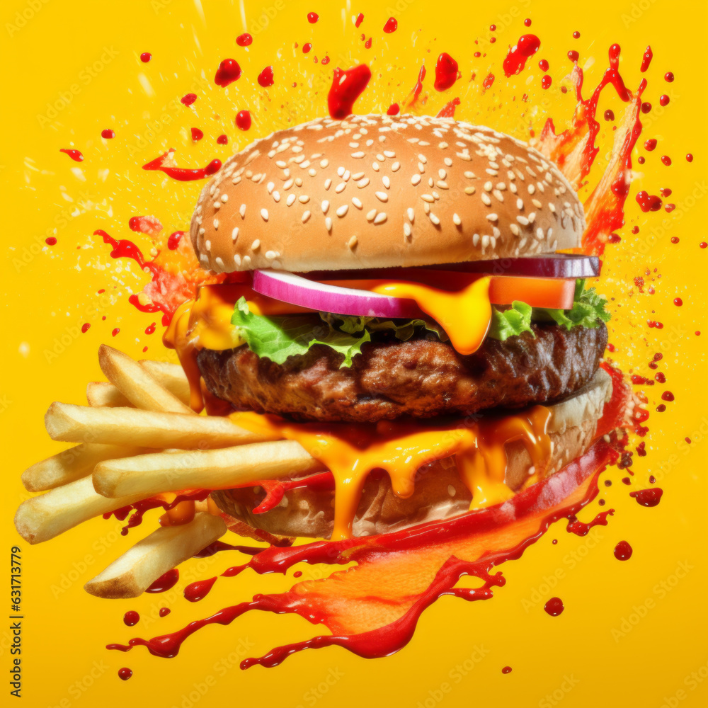 hamburger with cutlet grilled on a yellow background