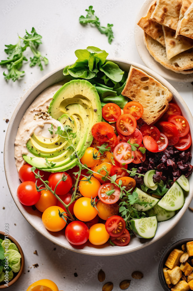 Healthy vegetarian Buddha bowl with fresh ingredients close up