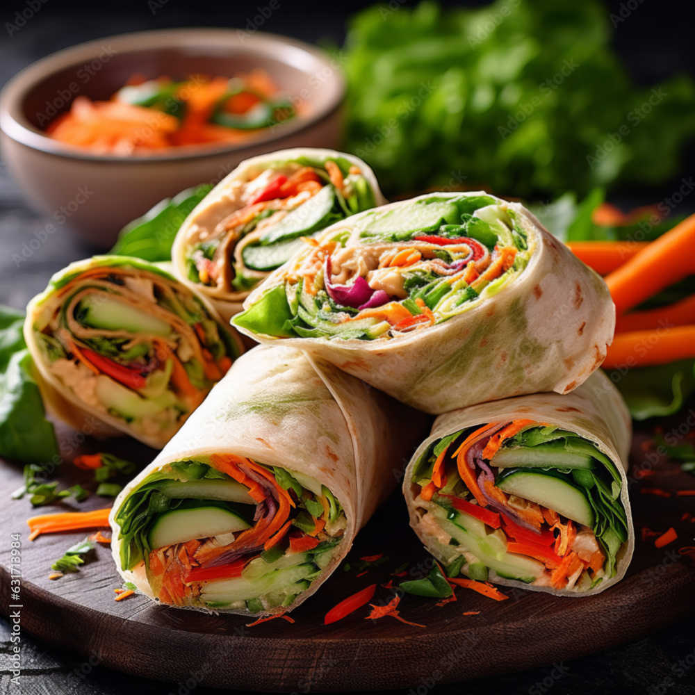 Vegan vegetable wraps on dark background,, ready to eat, close up