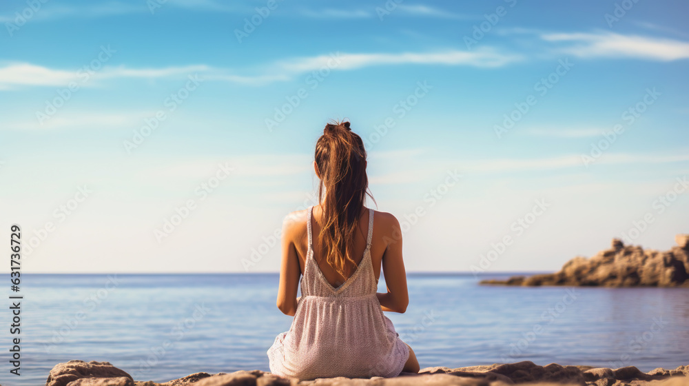 Woman meditating on the sea beach in lotus position. Generative AI