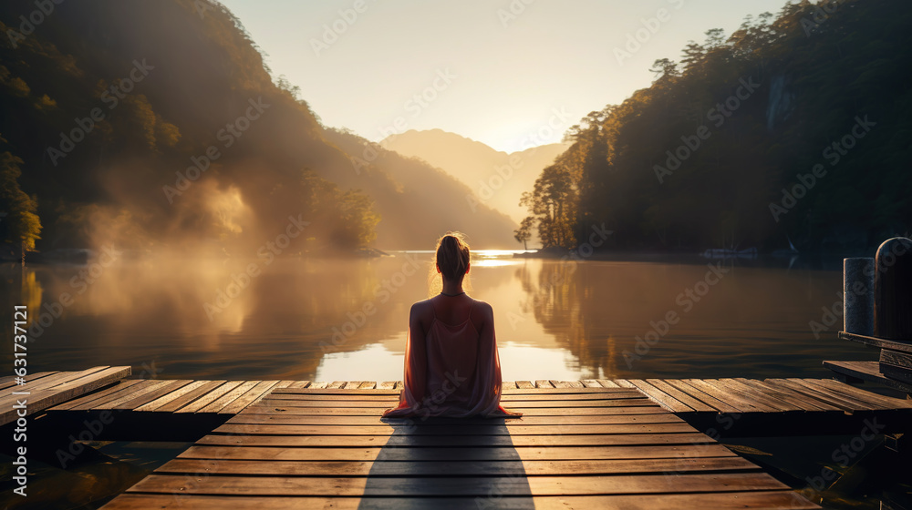 Young girl practice yoga on wooden pier with a view on lake and beautiful landscape. Generative AI