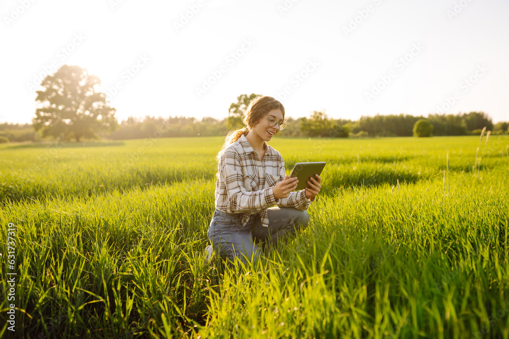 Young farmer woman in a green field of wheat with a digital tablet in her hands. Checking the progre