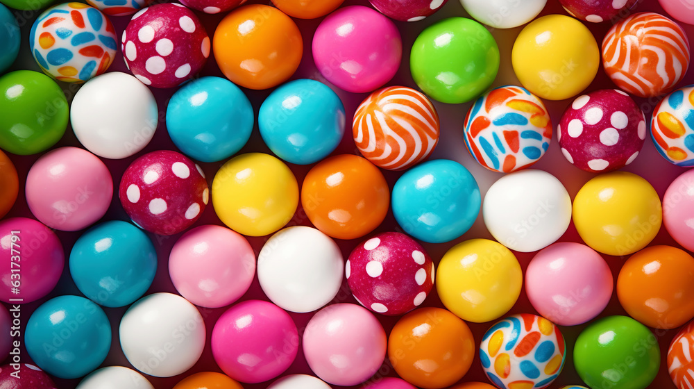 Top view on large colorful jawbreaker candies background. Gum colorful balls. Generative AI