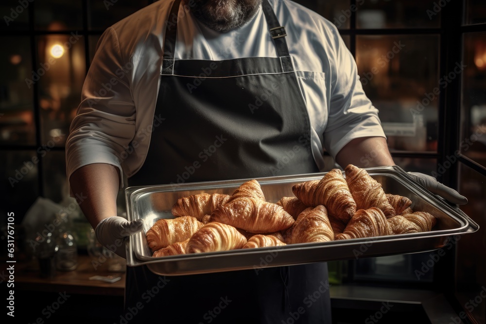 Baker holding a tray full of fresh croissants.