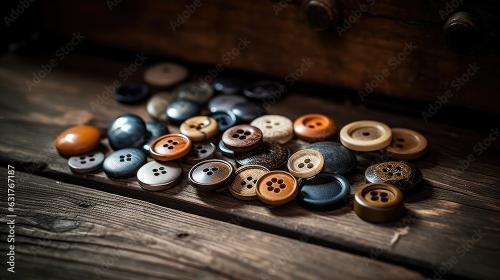 Collection of different multi colored buttons on wood