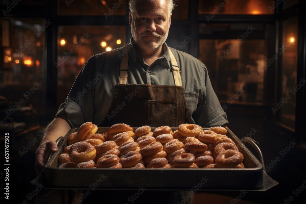 Baker holding a tray full of breads inside a bakery