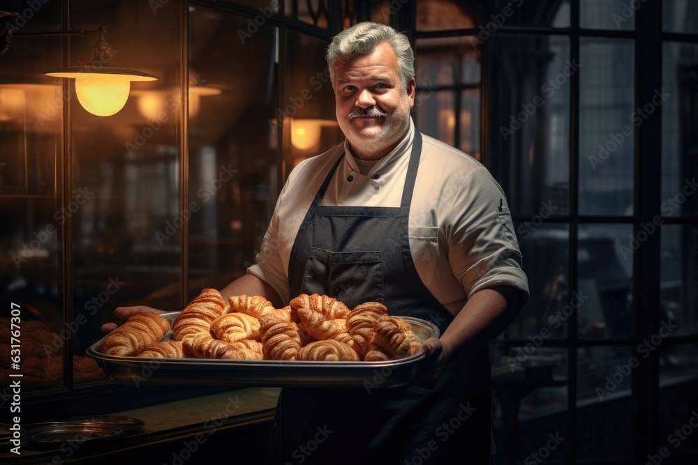 Baker holding a tray full of fresh croissants.