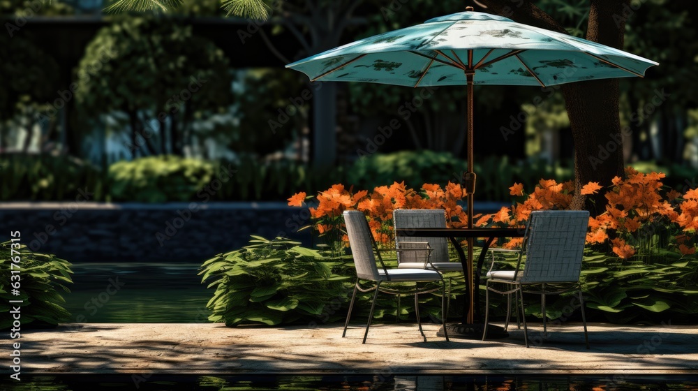 Cafe table with chair and parasol umbrella in the garden