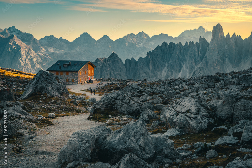 Spectacular high lacy peaks at sunset, Dolomites, Italy