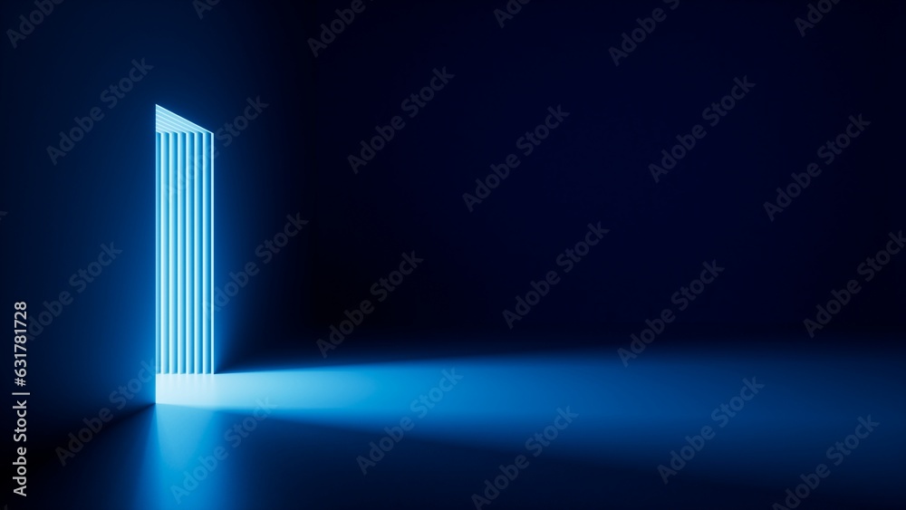 3d render, abstract blue geometric background. Bright light going through the door portal inside the