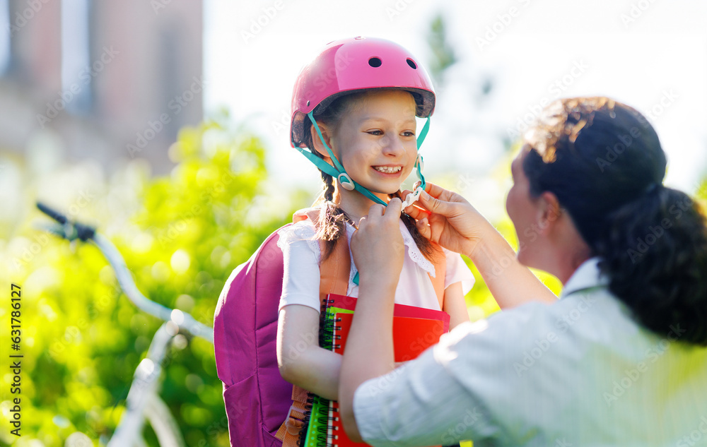 Girl in safety helmet with mother