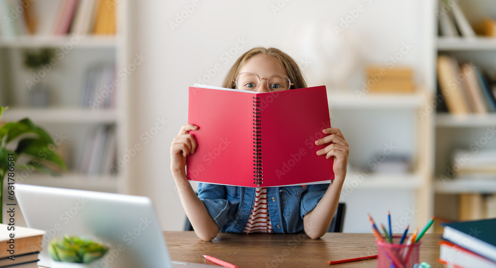 Girl doing homework or online education.