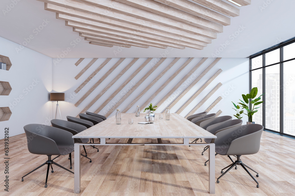 Contemporary stylish meeting room interior with wooden flooring, window and city view, furniture and