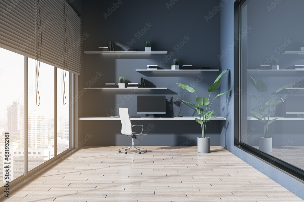 Modern home office interior with shelves, window and city view, equipment and other objects. 3D Rend