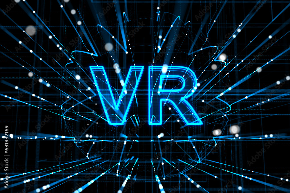 Creative VR globe and lines hologram on dark background. Virtual reality and metaverse landing page 