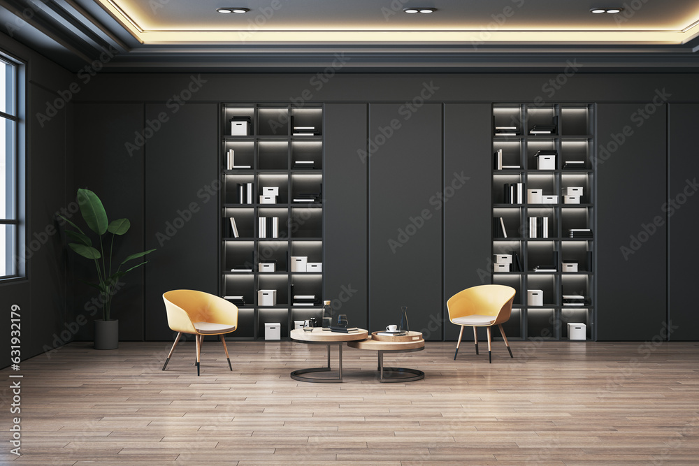 Modern dark interior with shelves, coffee table, chairs and other objetcs. Wooden flooring. 3D Rende