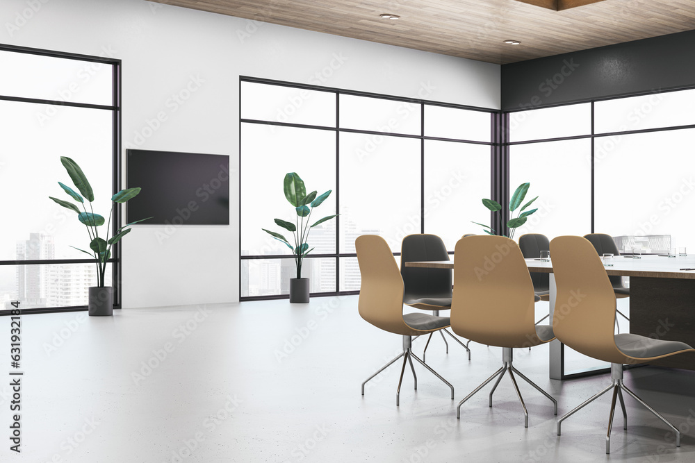 Contemporary light meeting room interior with furniture and window with city view. 3D Rendering.