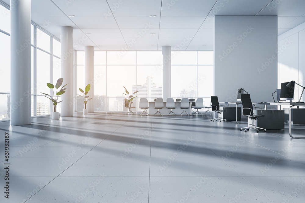 Modern spacious white meeting room interior with furniture and window with city view. 3D Rendering.