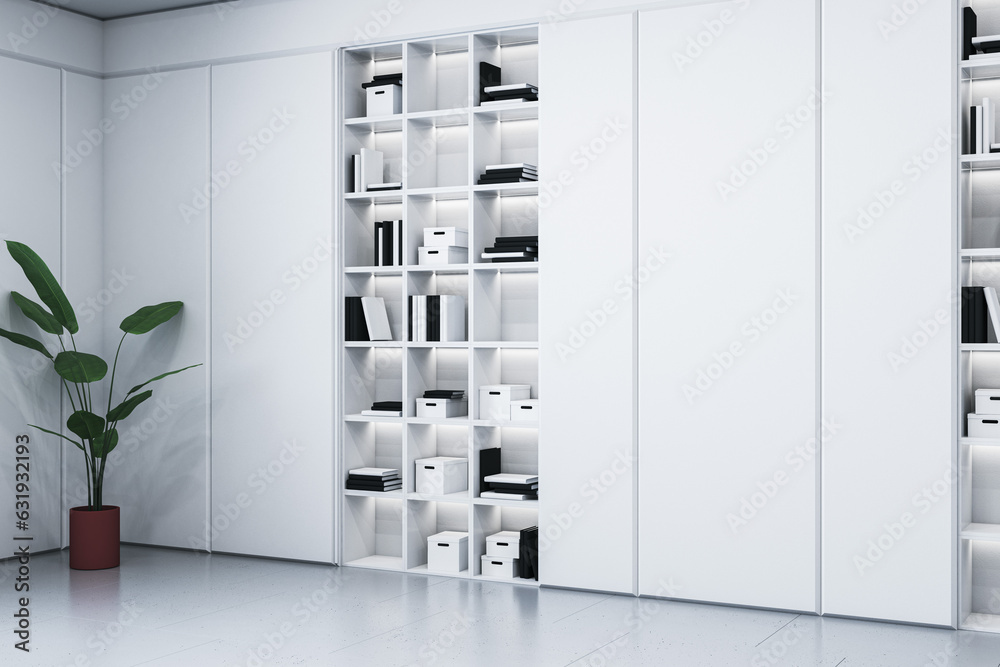 Luxury white concrete interior with shelves and other objetcs. 3D Rendering.