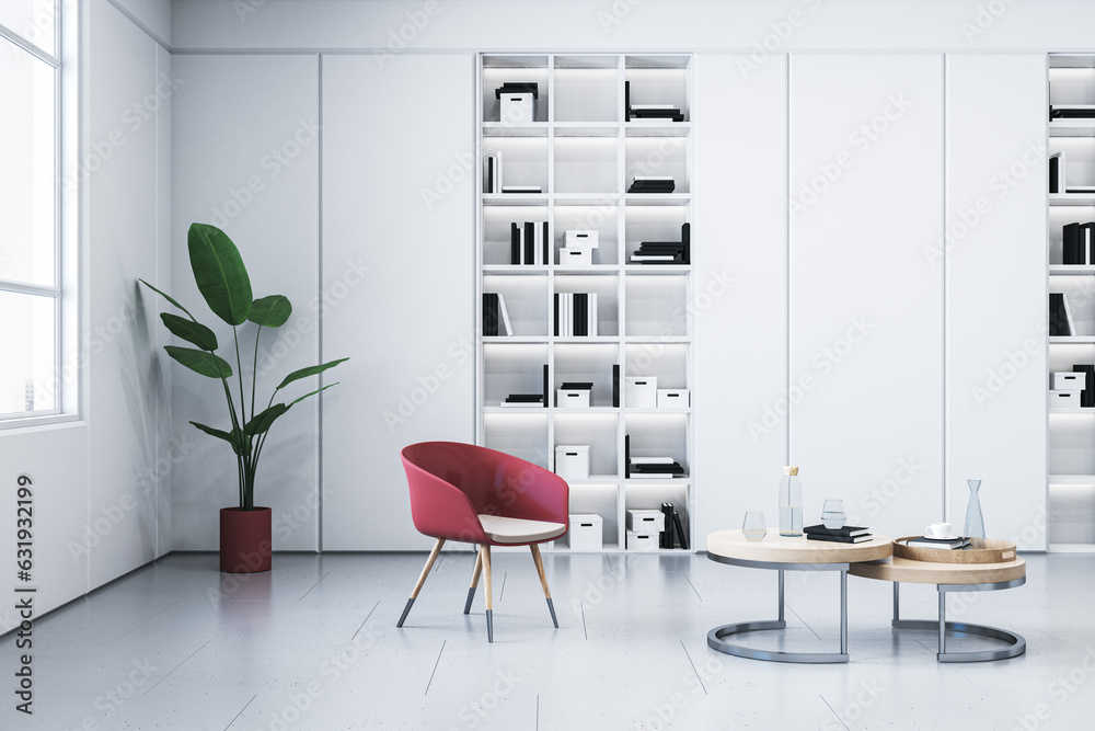 Contemporary white concrete interior with shelves, coffee table, chairs and other objetcs. 3D Render