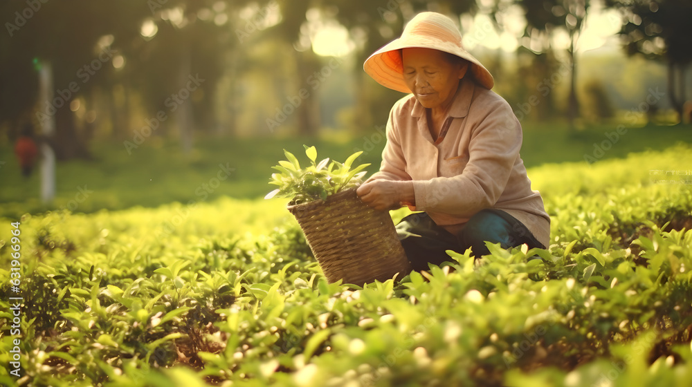 Elderly woman collecting organic tea leaves at the tea plantations, A asian woman picking organic gr