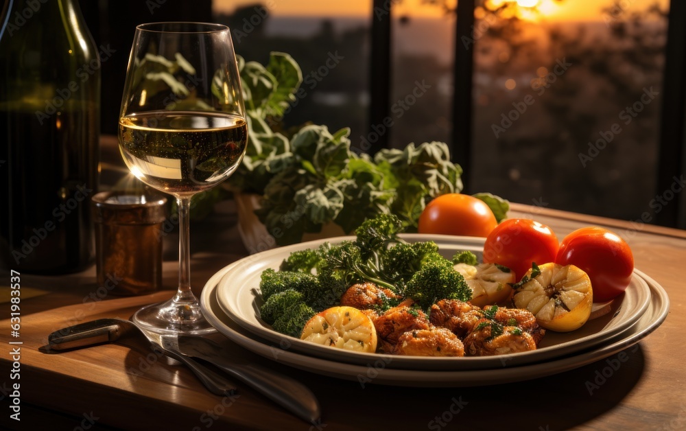 A plate of food and a glass of wine on a table