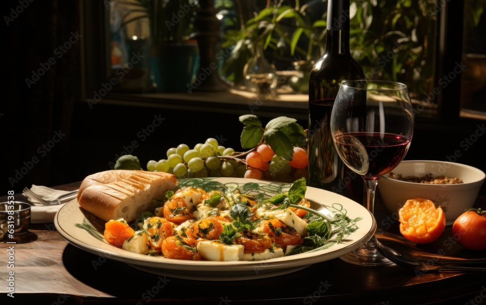 A plate of food and a glass of wine on a table