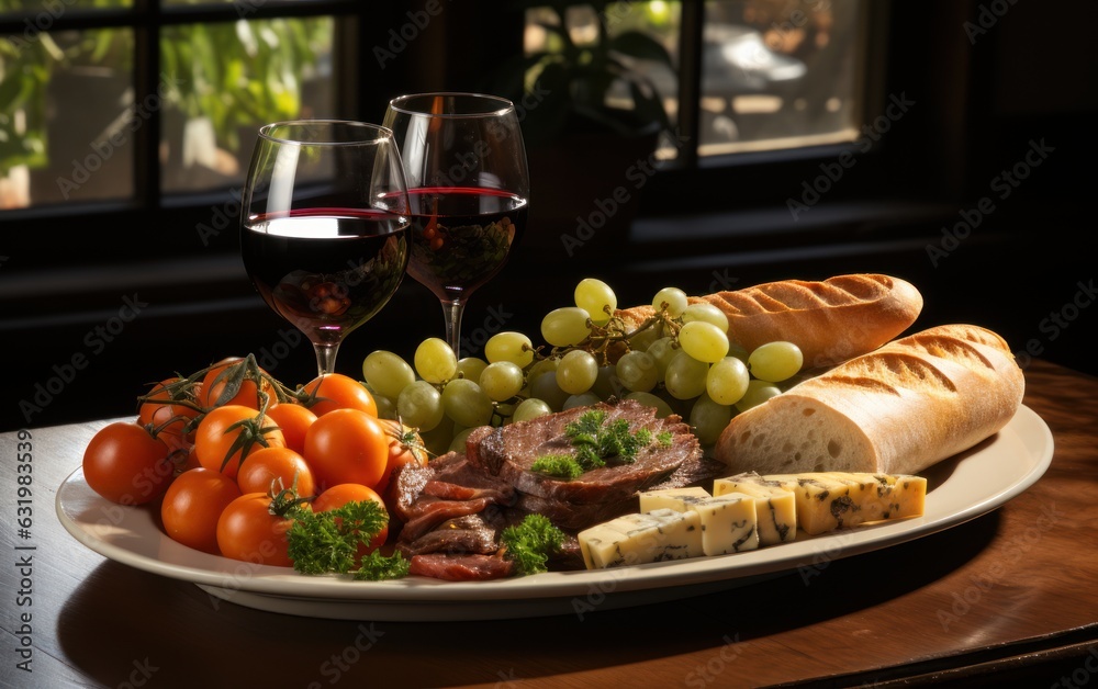 A plate of food and a glass of wine on a table