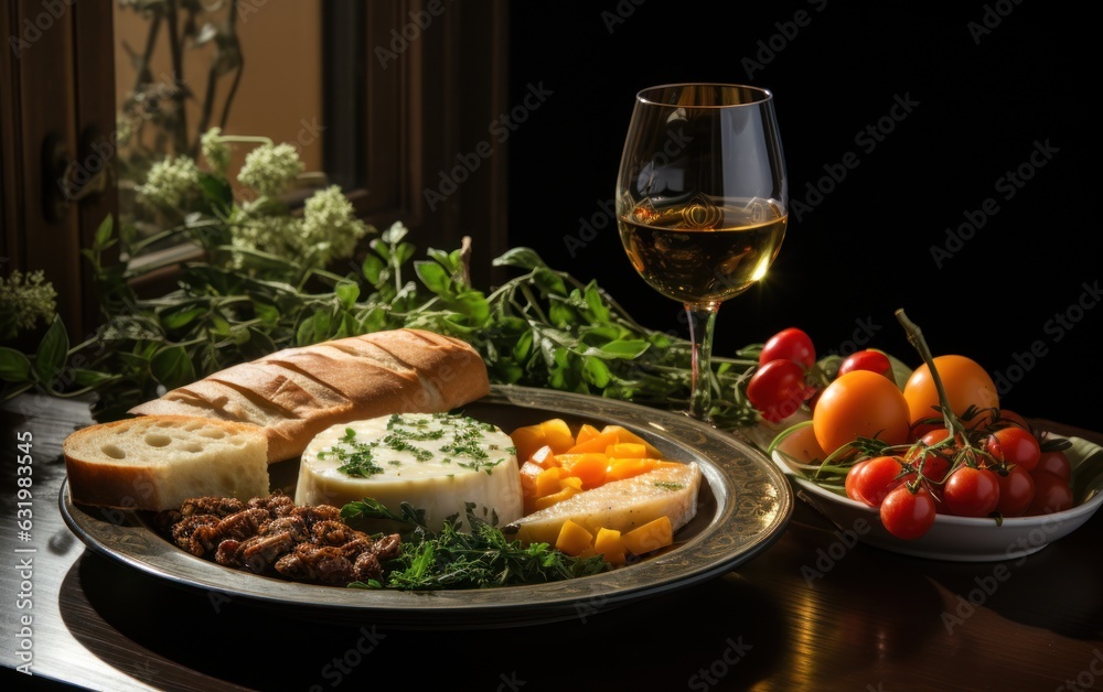 A plate of food and a glass of wine on a table