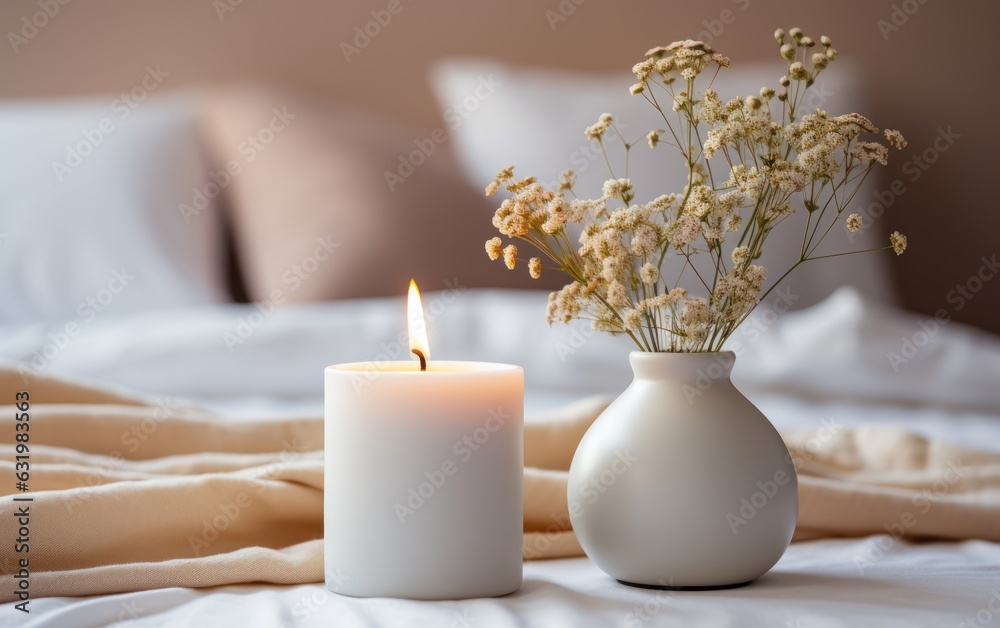 A scented candle on a white table with vases on a modern minimalist background