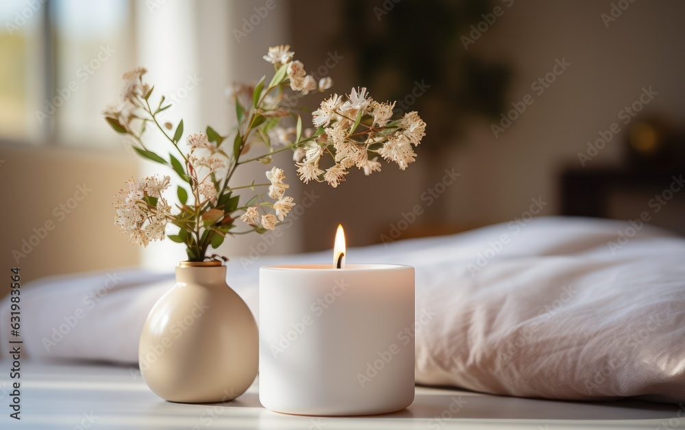 A scented candle on a white table with vases on a modern minimalist background